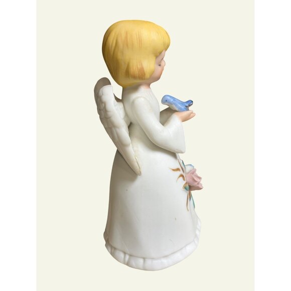 Home Interiors Angel Bell Porcelain Bisque Figurine Holding Blue Bird HOMCO - Picture 7 of 14